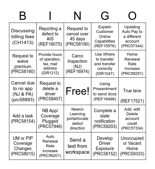 Prevail Bingo! (note Policy Numbers) Bingo Card