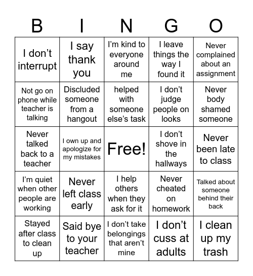 Respect Bingo Card