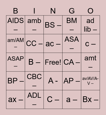 Medical Terms pt 1 Bingo Card