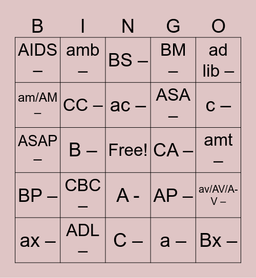 Medical Terms pt 1 Bingo Card