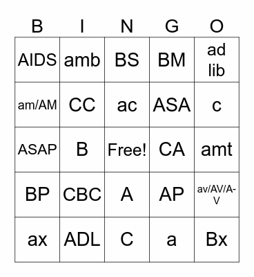 Medical Terms pt 1 Bingo Card