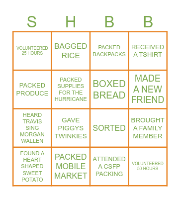 SHBB Volunteer Appreciation Lunch Bingo Card