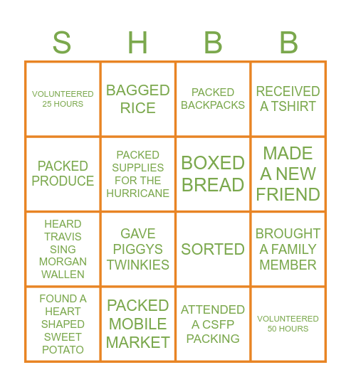 SHBB Volunteer Appreciation Lunch Bingo Card