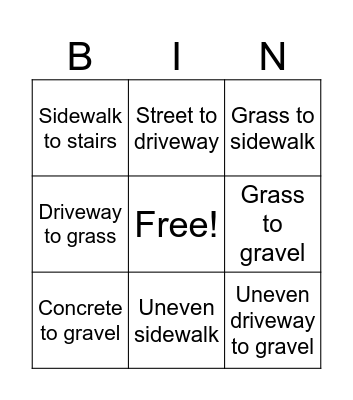 Types of walking transitions Bingo Card