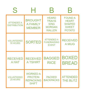 SHBB Volunteer Appreciation Lunch Bingo Card
