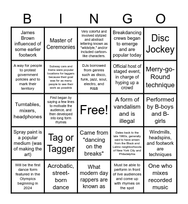 4 Pillars of Hip-Hop Bingo Card