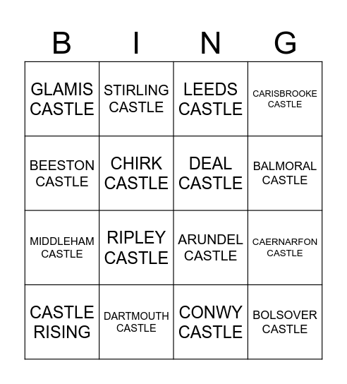 Castles Bingo Card