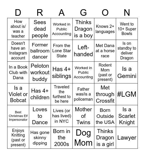 Dragon Bingo Card