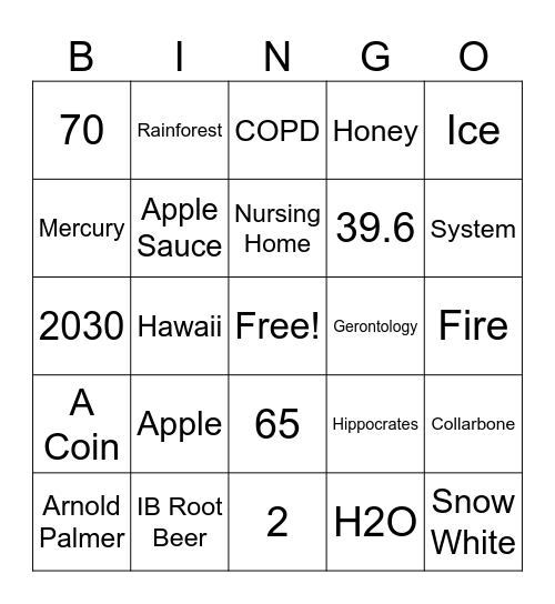 Geriatrics Bingo Card