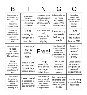 Social Money Bingo Card