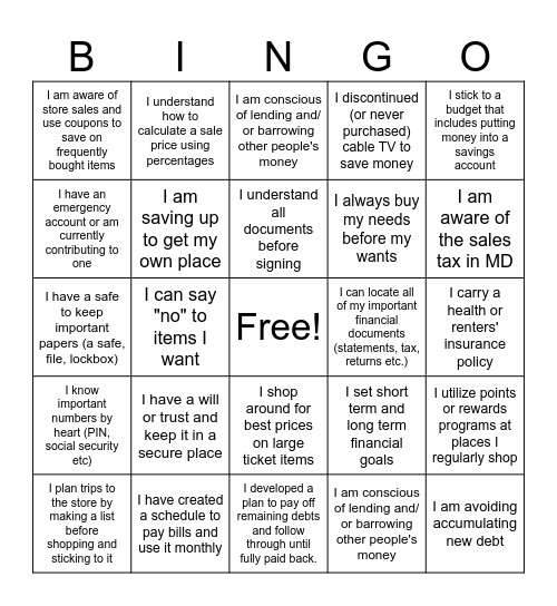 Social Money Bingo Card