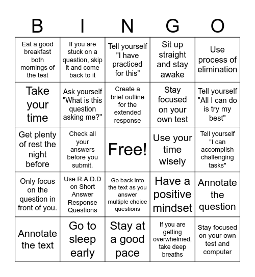 Test Prep Strategies and Suggestions Bingo Card