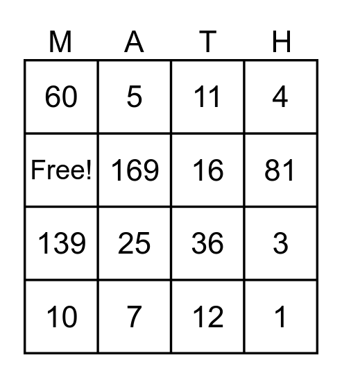 BINGO MATH Bingo Card