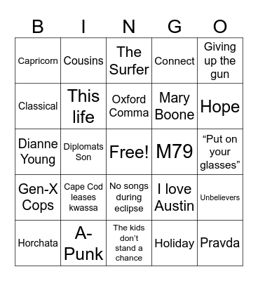 Vampire Weekend Totality Bingo Card