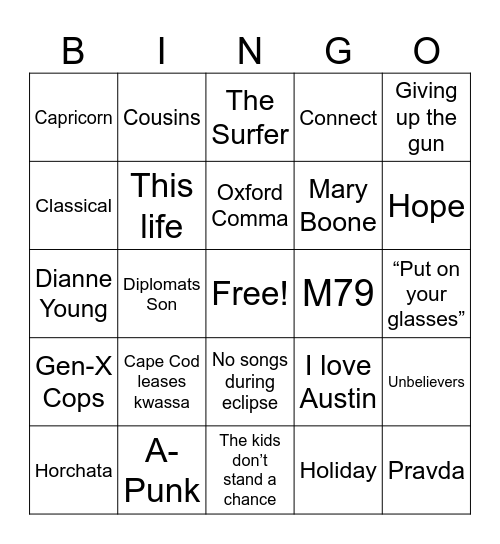 Vampire Weekend Totality Bingo Card
