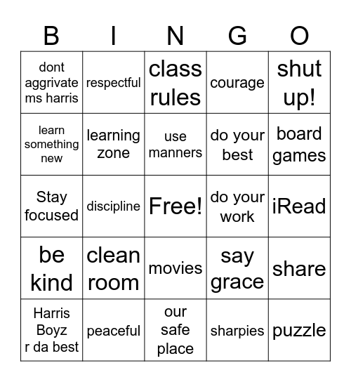 Harris Way Bingo Card