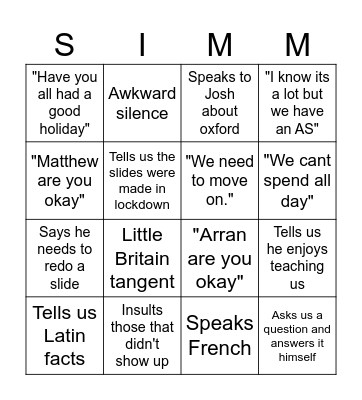 Mr Simmgo Bingo Card