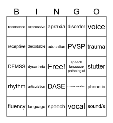 speech language impairment Bingo Card