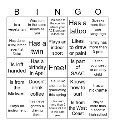 ACE Human Bingo Card