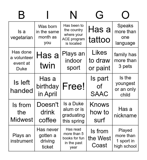 ACE Human Bingo Card