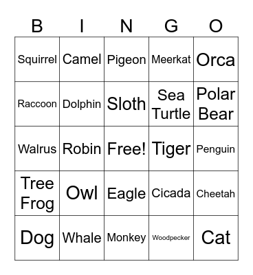 Animal Bingo Card