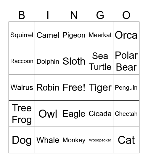 Animal Bingo Card