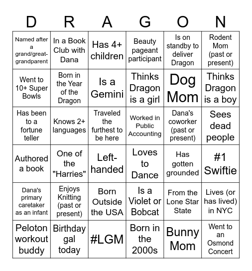 Dragon Bingo Card