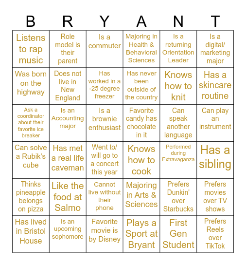 Get to Know Your B-R-Y-A-N-T OL's Bingo Card