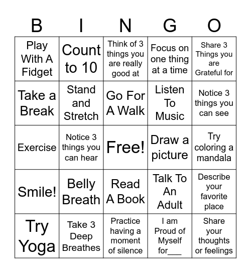 Mindfulness Bingo Card