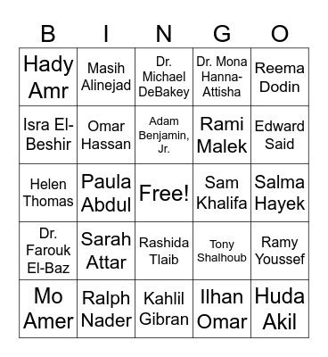 Arab American Heritage Month Bingo Card