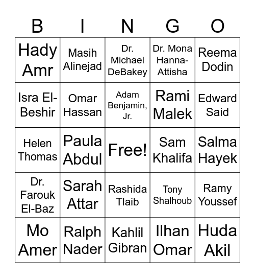 Arab American Heritage Month Bingo Card