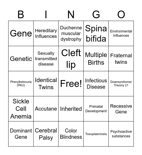 Birth Defects Bingo Card