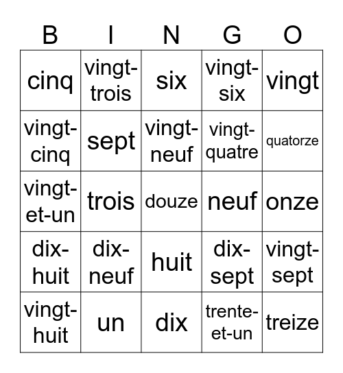 Les chiffres 1-31 Bingo Card