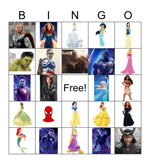 Marvel/Princess Bingo Card