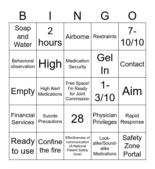 Joint Commission Readiness Bingo Card