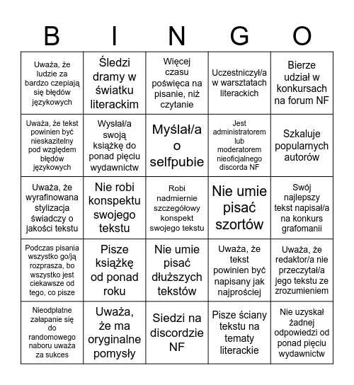 Pisarskie Bingo Card