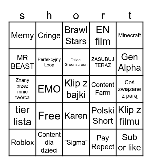 Bingo Shortów Bingo Card