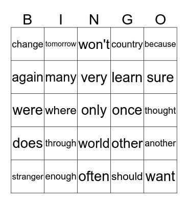 Sight Words Bingo Card