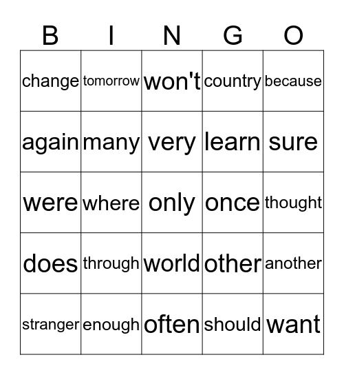 Sight Words Bingo Card