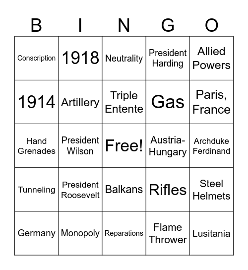 WWI Bingo Card