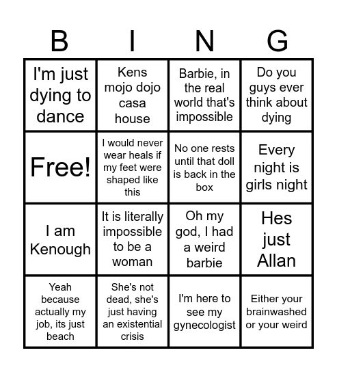 Barbie Bingo Card