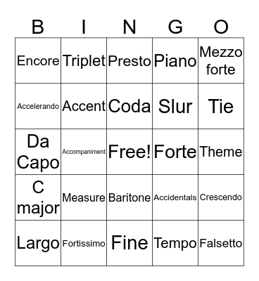 Music Theory Bingo Card