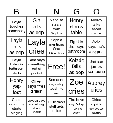 Class Stuff Bingo Card
