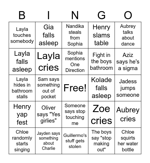 Class Stuff Bingo Card