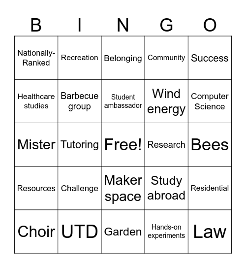 UTD College Tour Show Bingo Card