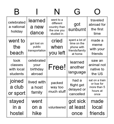 Study Abroad Bingo! Bingo Card