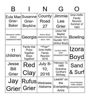 Grier-Heflin Family Reunion Family Facts Bingo Card