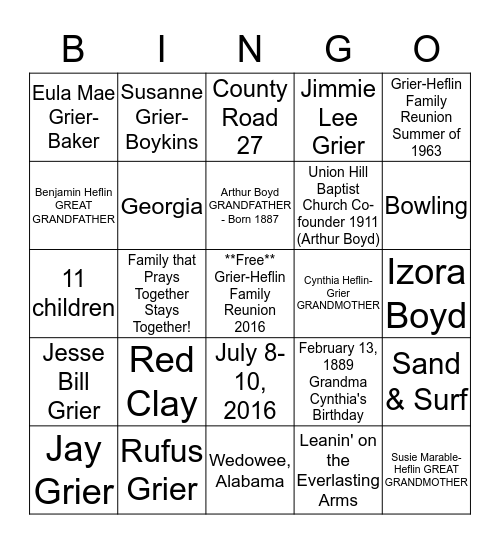 Grier-Heflin Family Reunion Family Facts Bingo Card