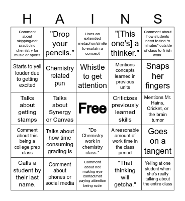 Chemistry Class Bingo Card