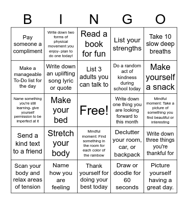 May Mental Health Month Bingo Card